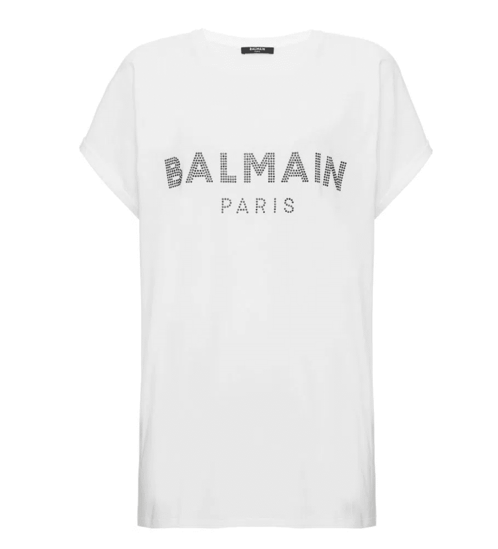BALMAIN - CAMISETA FEMININA SS STRASS LOGO TSHIRT GAB WHITE/BLACK