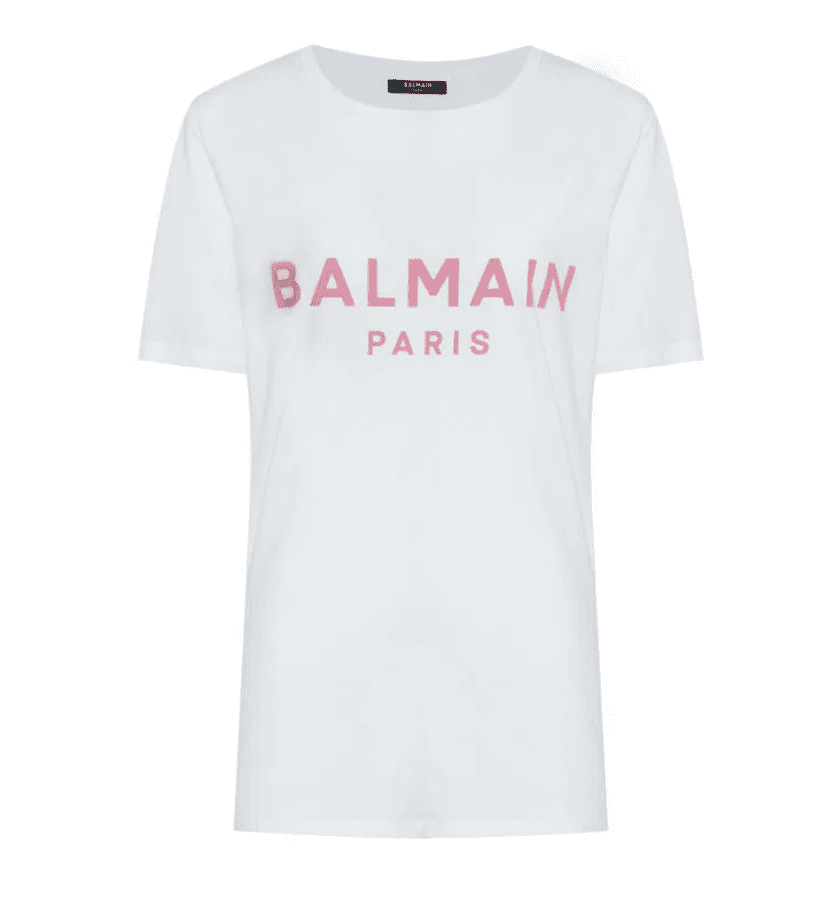 BALMAIN - CAMISETA FEMININA SS PRINTED LOGO TSHIR GBY WHITE/PINK