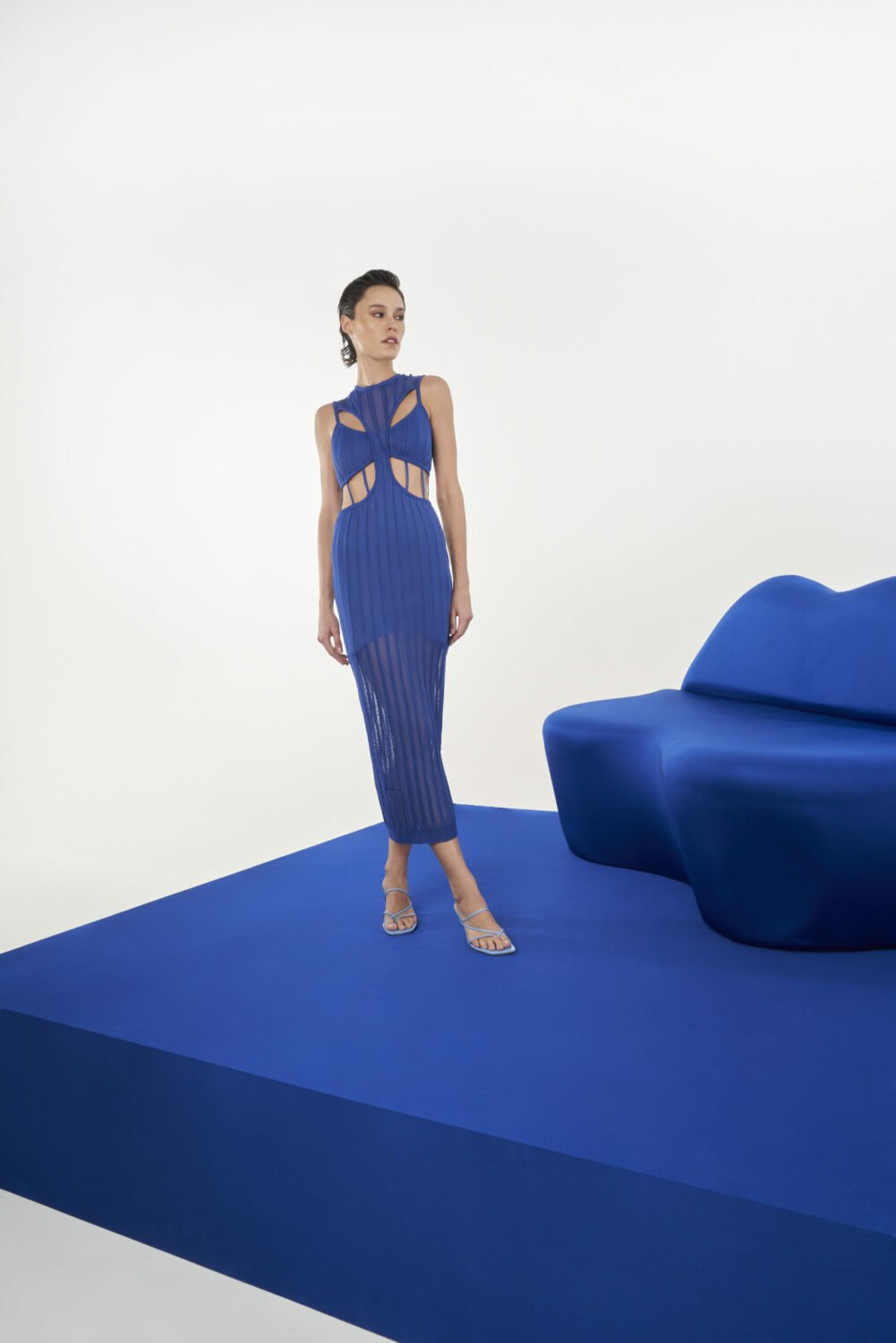 Vestido Midi Canelado Transparente Marinho