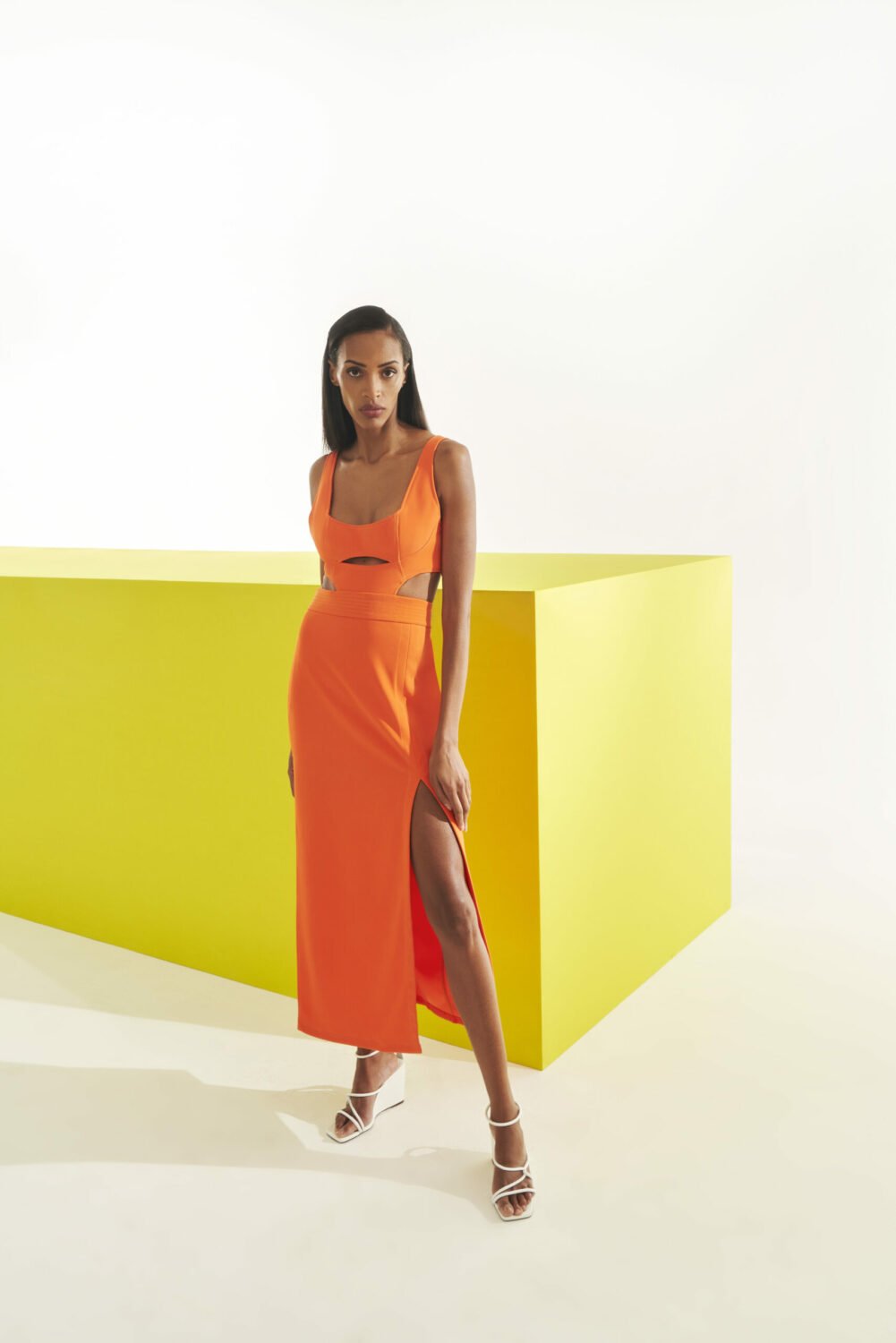Vestido Midi Pespontos Laranja