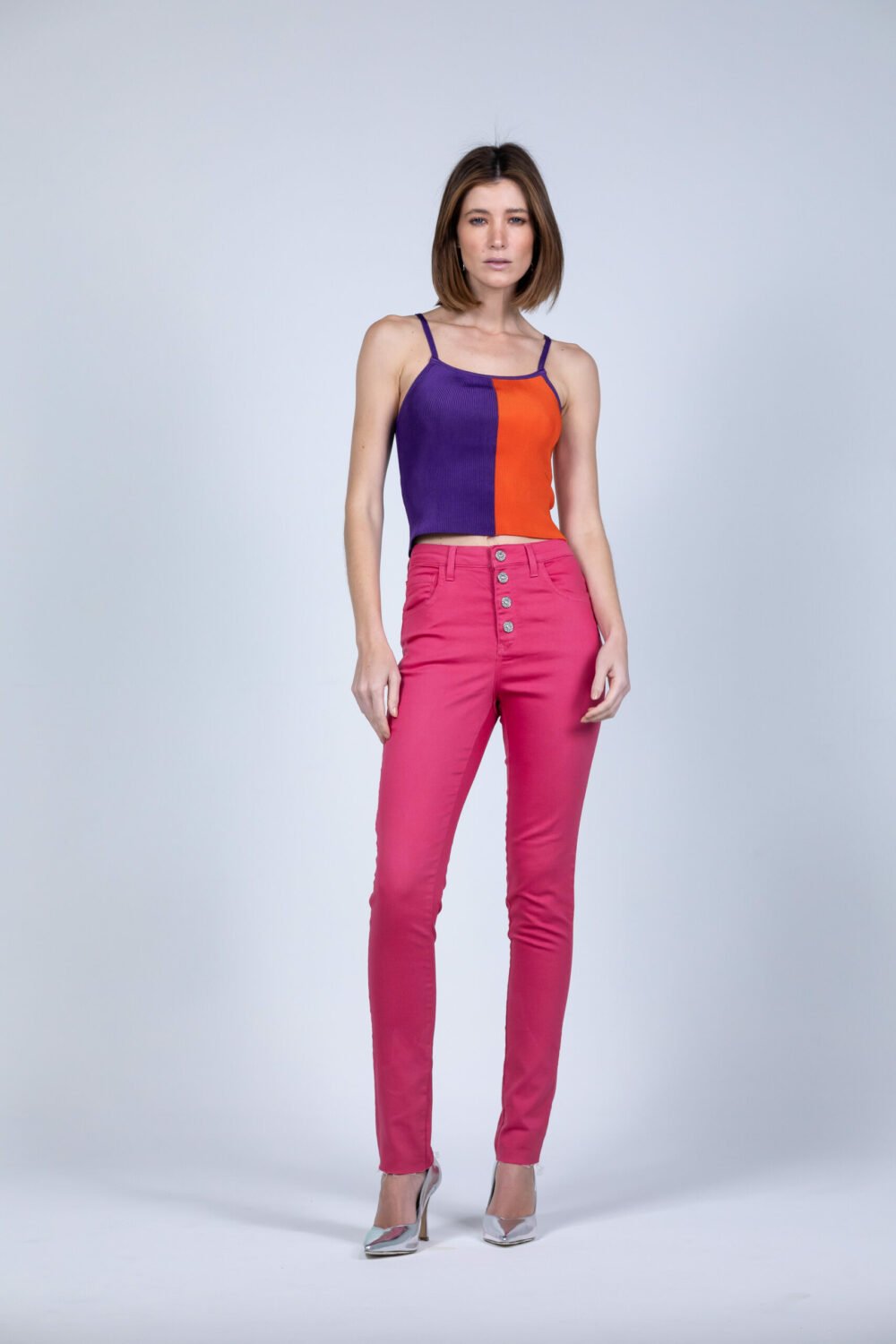 Calca Andrea Skinny Botoes Cristais Ref Ac2710 Rosa