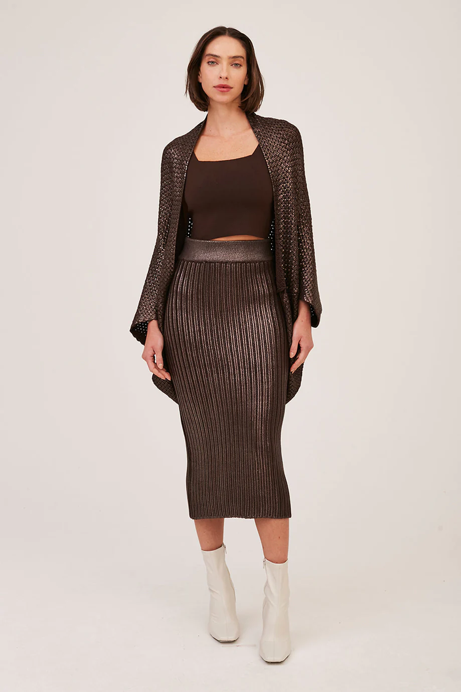 Saia Midi Tricot Canelado C/ Foil Bege Mescla