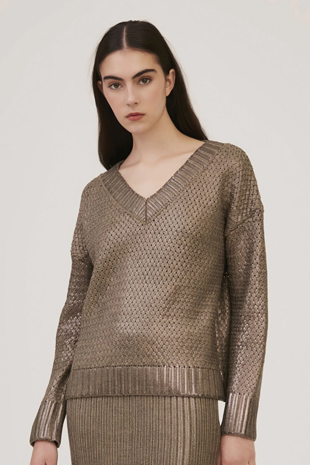 Blusa Tricot Cestaria C/Foil Bege Mescla