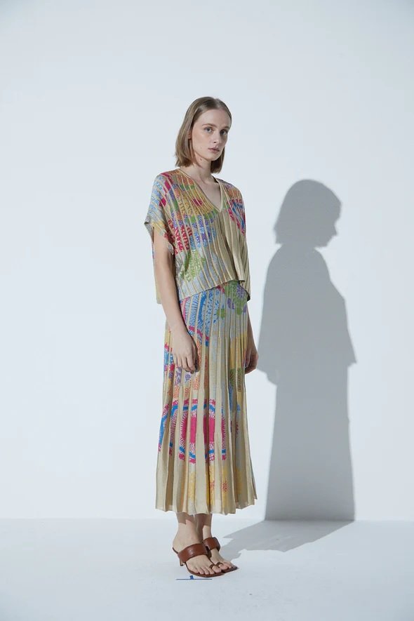 Saia Em Tricot Plissado Jacouard Tropicalia Bege - Imagem 3