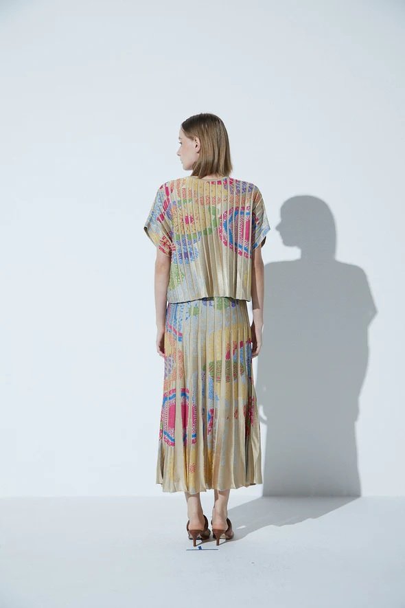 Saia Em Tricot Plissado Jacouard Tropicalia Bege - Imagem 4