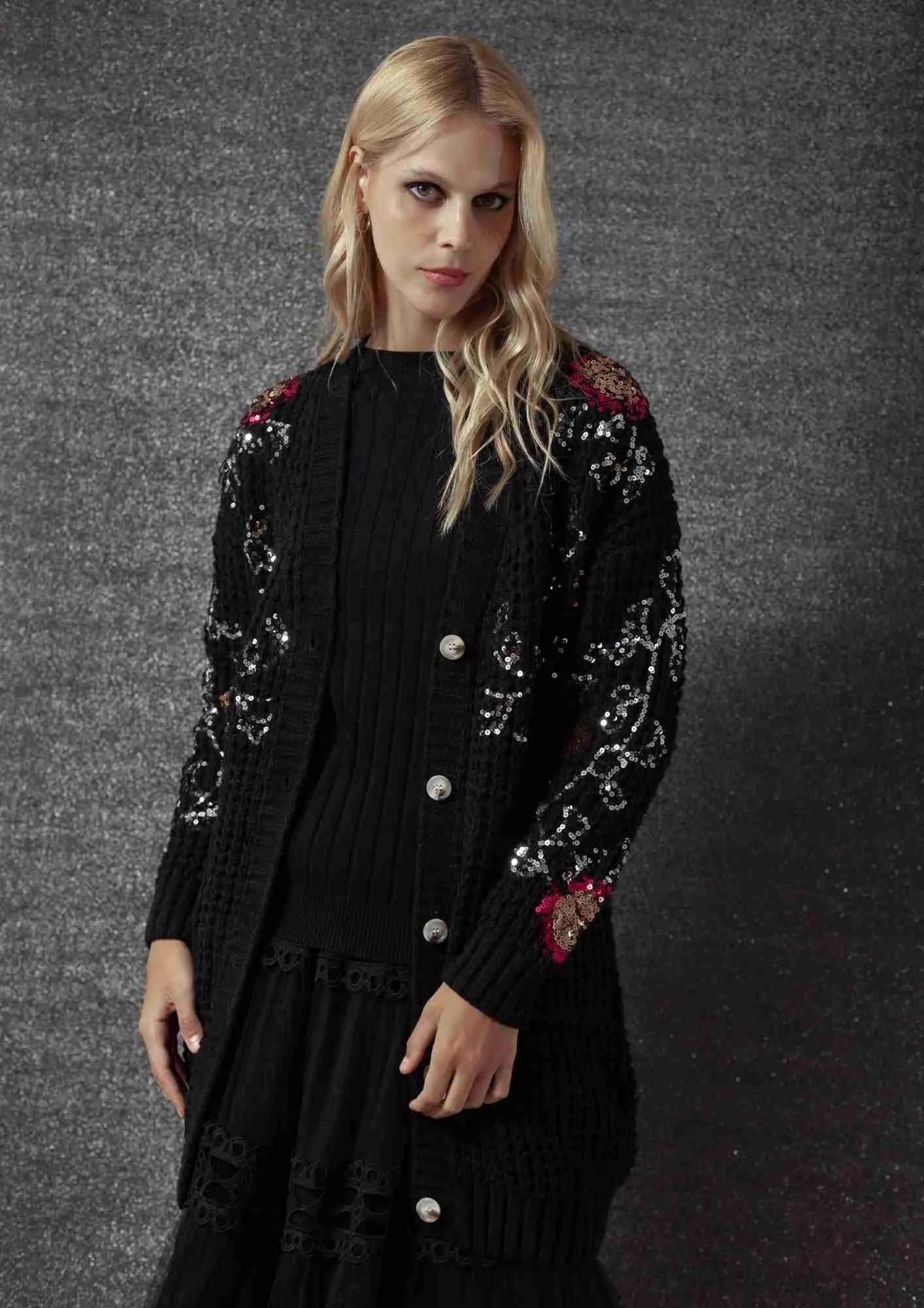 Cardigan Paete Flor Preto
