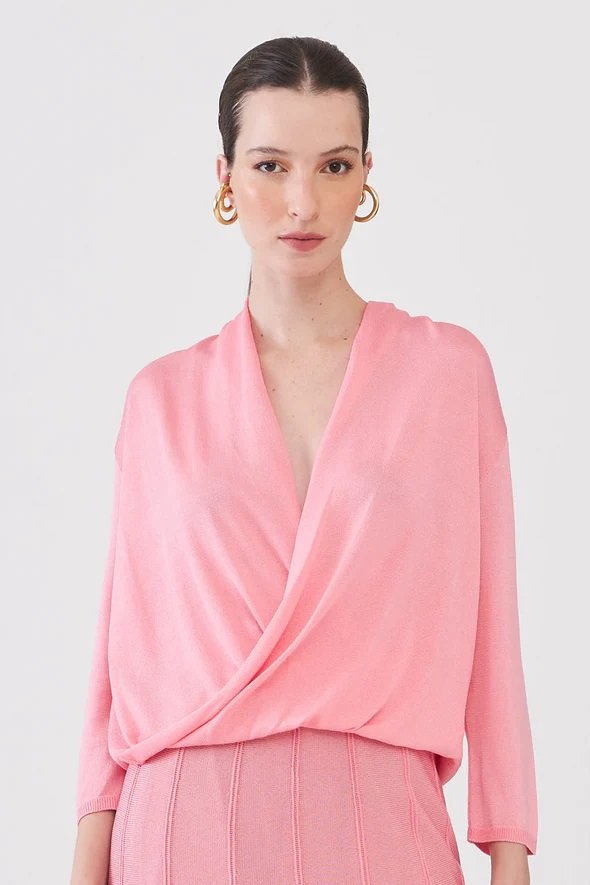 Blusa Manga Longa Com Torção Em Tricot Rose