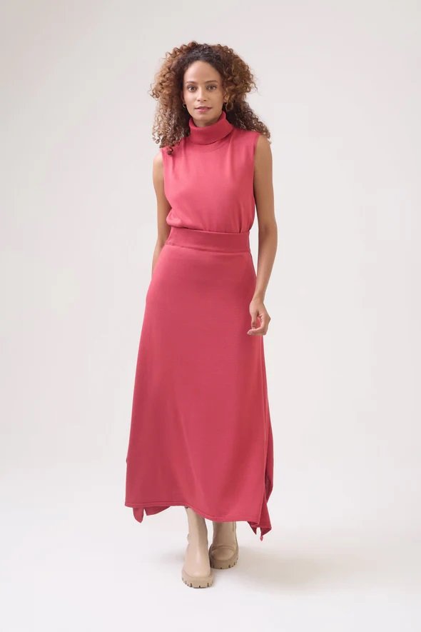 Saia Midi Em Tricot Com Fendas Laterais Vermelho