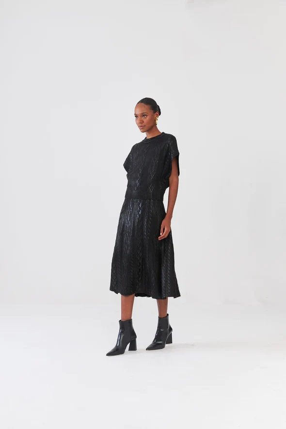 Saia Midi Em Tricot Trancas Com Foil Preto - Imagem 2